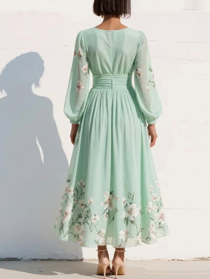 Floral Pleated Long Sleeve Maxi Dress