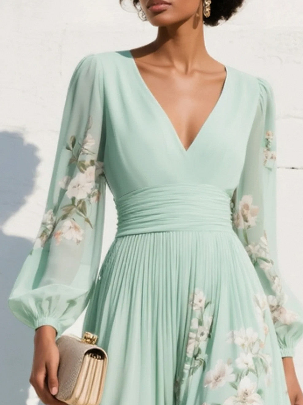 Floral Pleated Long Sleeve Maxi Dress