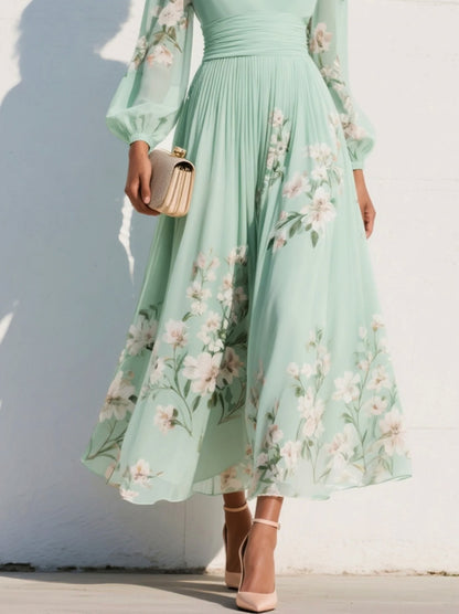 Floral Pleated Long Sleeve Maxi Dress