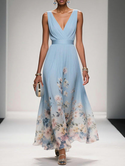 Floral Pleated V-Neck Maxi Dress