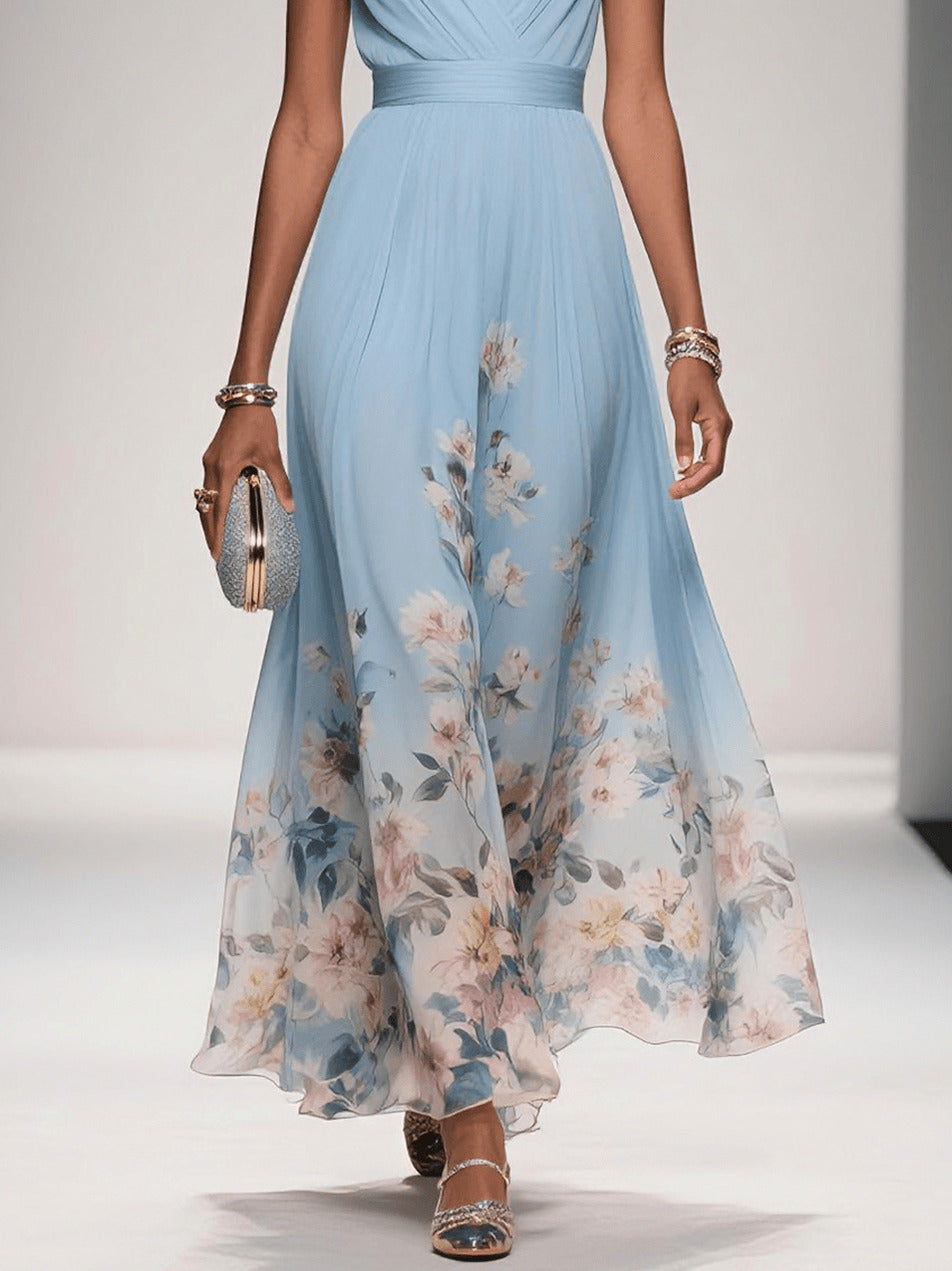 Floral Pleated V-Neck Maxi Dress
