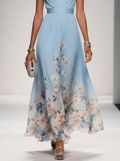 Floral Pleated V-Neck Maxi Dress