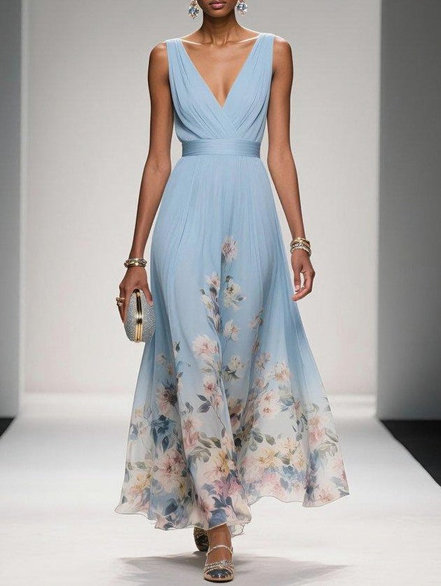Floral Pleated V-Neck Maxi Dress