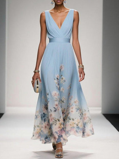 Floral Pleated V-Neck Maxi Dress