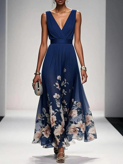 Floral Pleated V-Neck Maxi Dress