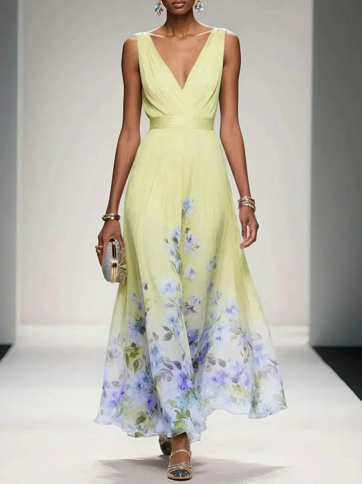 Floral Pleated V-Neck Maxi Dress