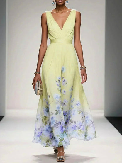Floral Pleated V-Neck Maxi Dress