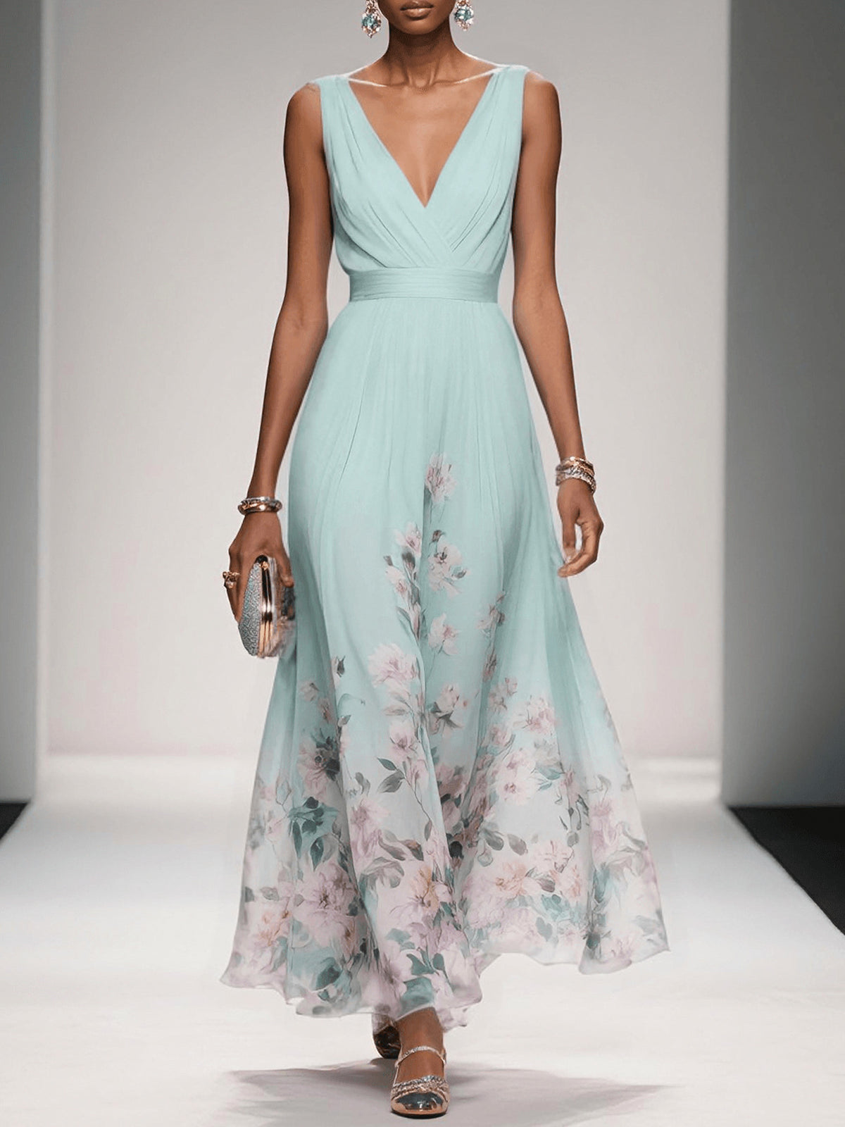 Floral Pleated V-Neck Maxi Dress