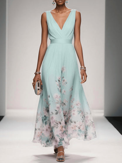 Floral Pleated V-Neck Maxi Dress