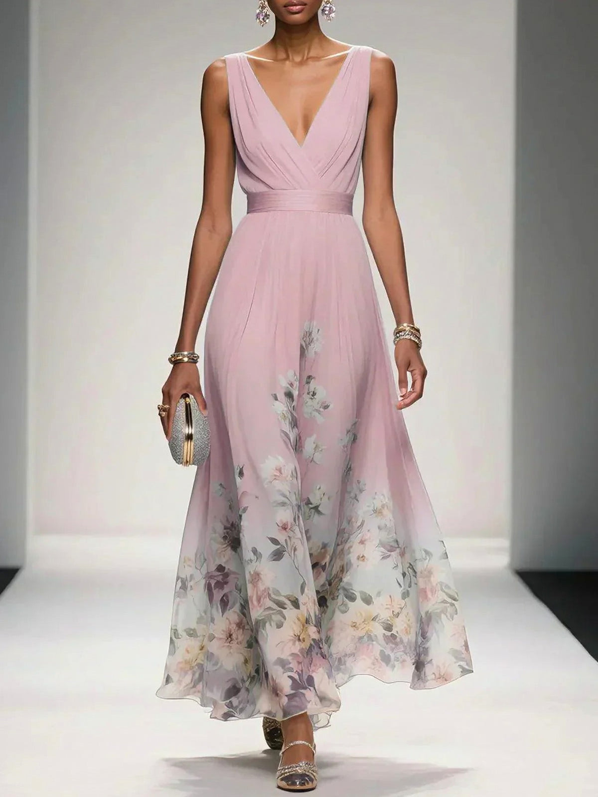 Floral Pleated V-Neck Maxi Dress