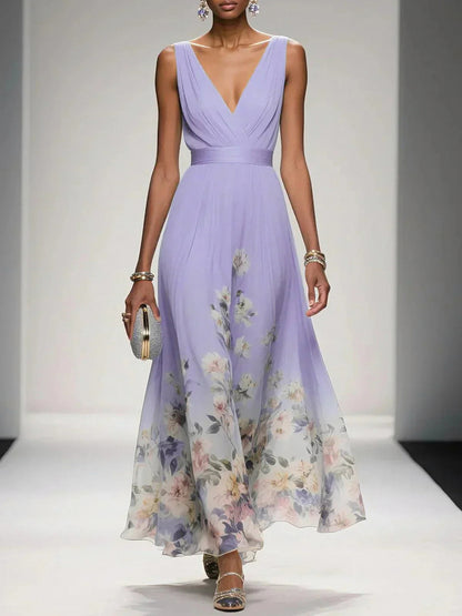 Floral Pleated V-Neck Maxi Dress