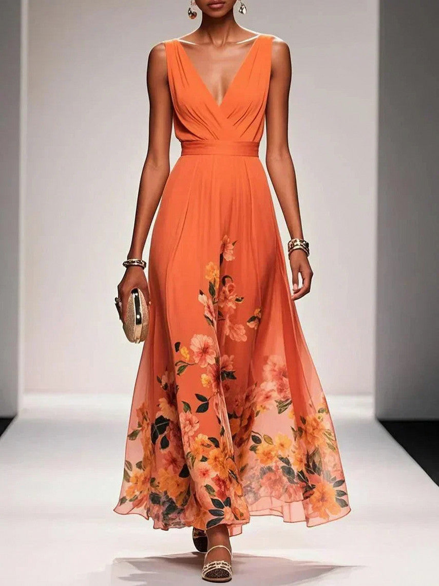 Floral Pleated V-Neck Maxi Dress