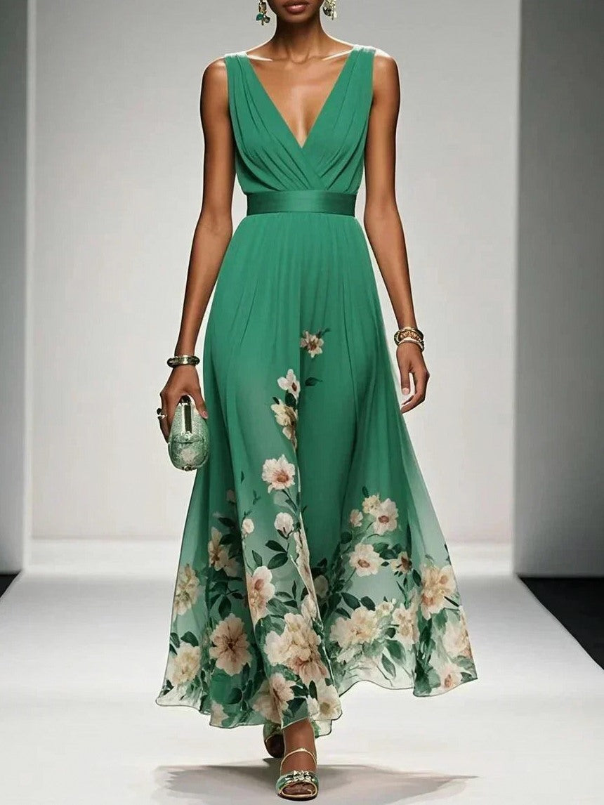 Floral Pleated V-Neck Maxi Dress