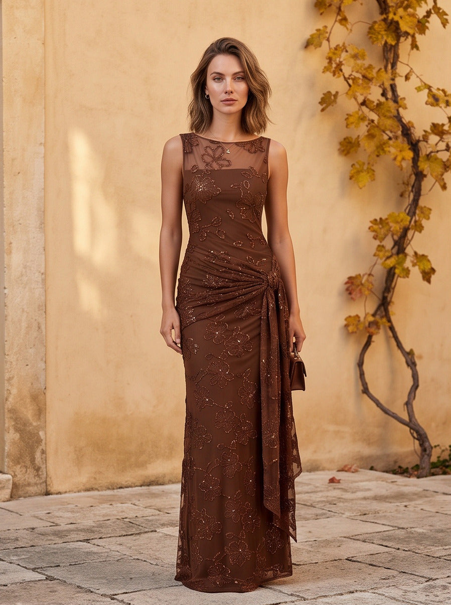 Sequin Floral Draped Maxi Dress