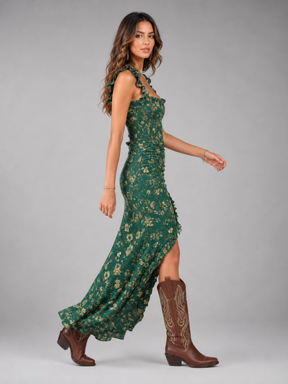 Floral Smocked High Slit Maxi Dress