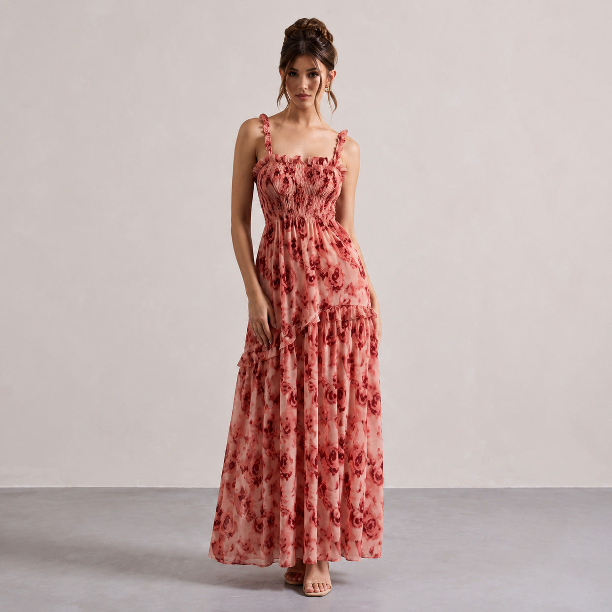 Rose Print Smocked Tiered Maxi Dress