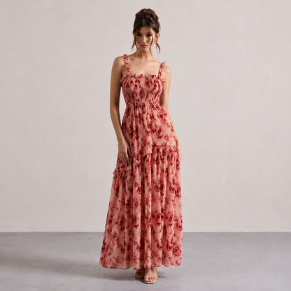 Rose Print Smocked Tiered Maxi Dress
