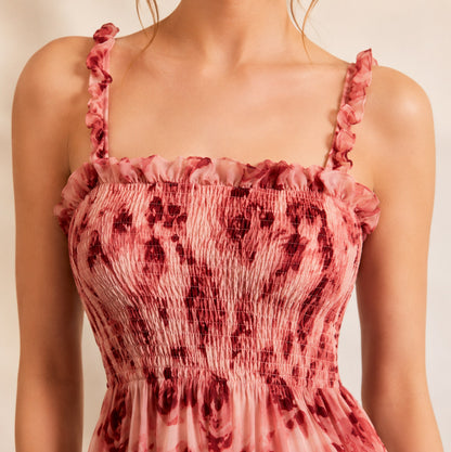 Rose Print Smocked Tiered Maxi Dress
