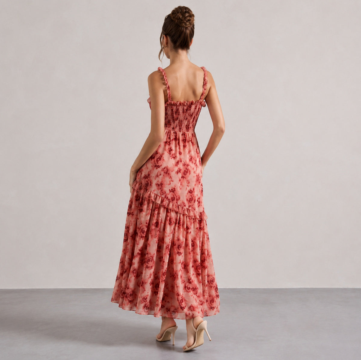 Rose Print Smocked Tiered Maxi Dress