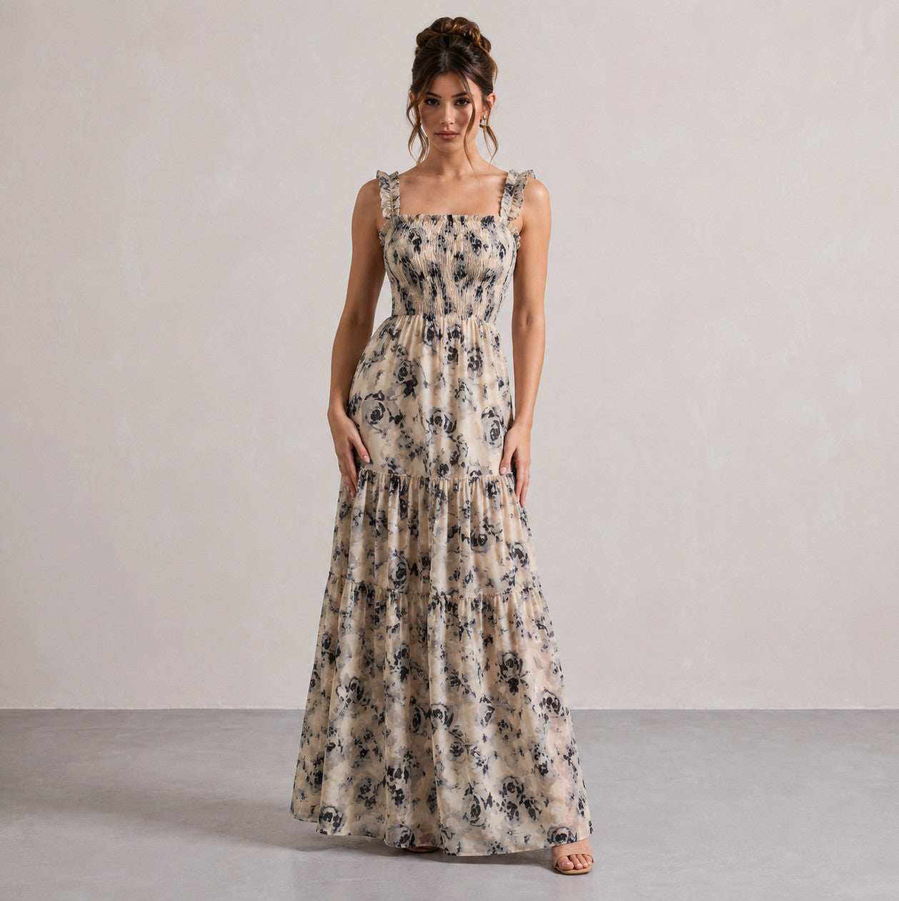 Rose Print Smocked Tiered Maxi Dress