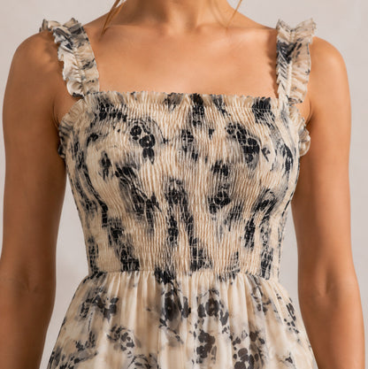 Rose Print Smocked Tiered Maxi Dress