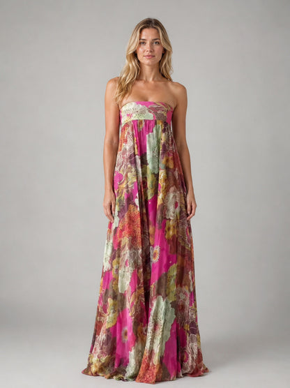 Floral Strapless Chiffon Maxi Dress