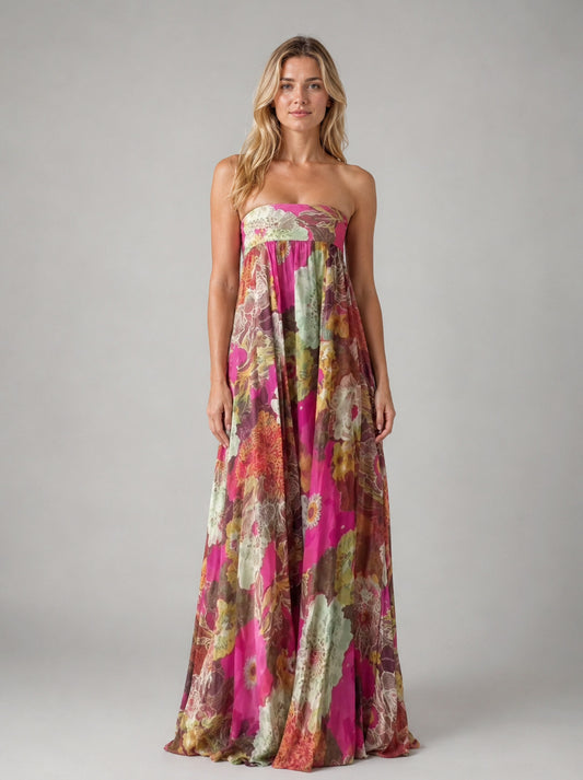 Floral Strapless Chiffon Maxi Dress