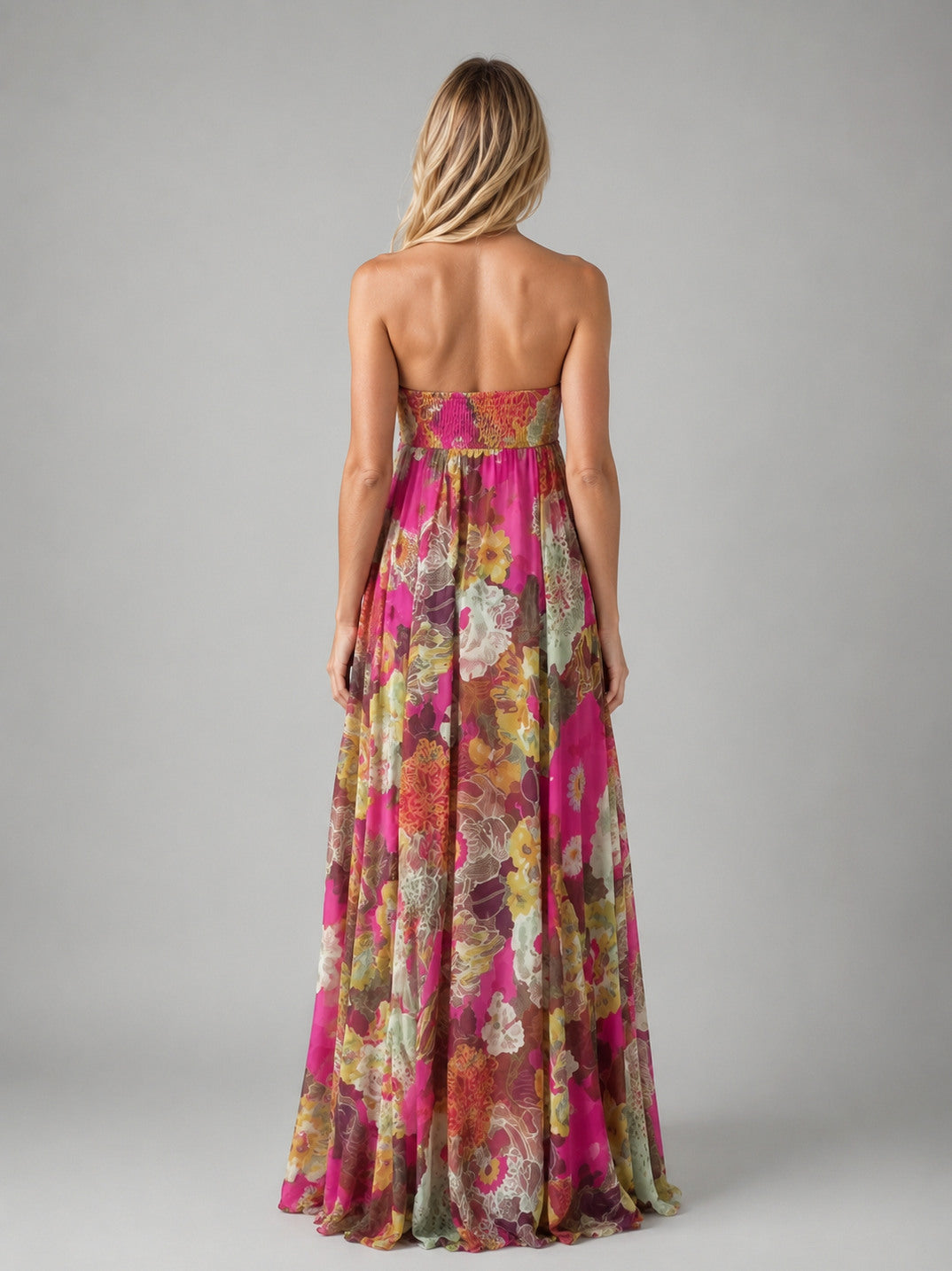 Floral Strapless Chiffon Maxi Dress