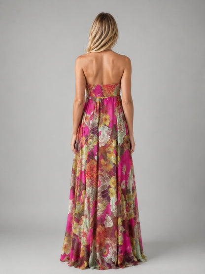 Floral Strapless Chiffon Maxi Dress