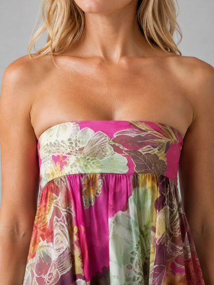 Floral Strapless Chiffon Maxi Dress