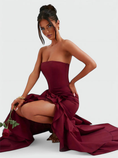 Strapless Ruffle High Low Maxi Dress