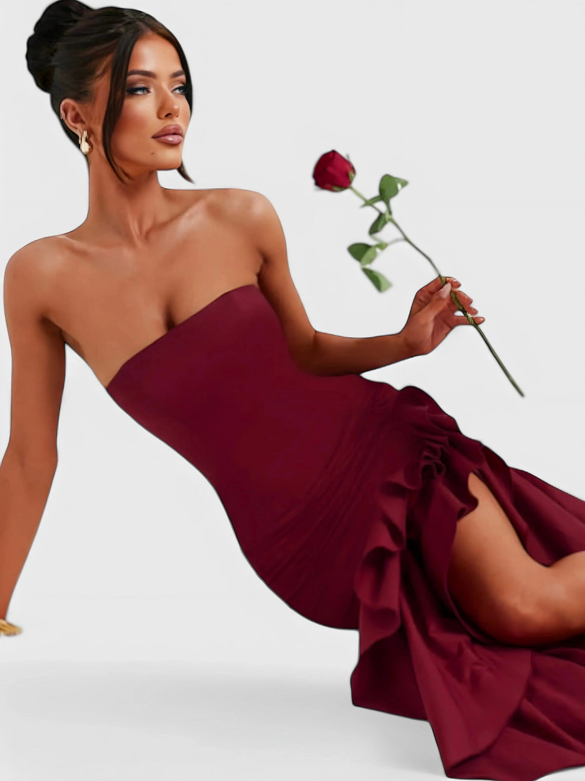 Strapless Ruffle High Low Maxi Dress