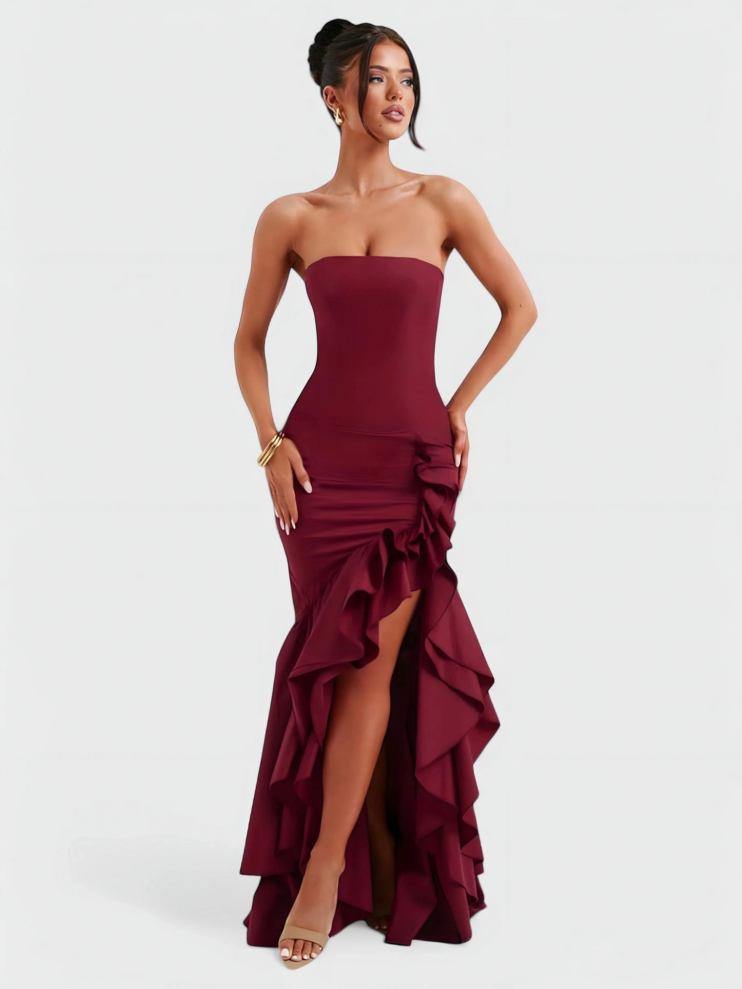 Strapless Ruffle High Low Maxi Dress