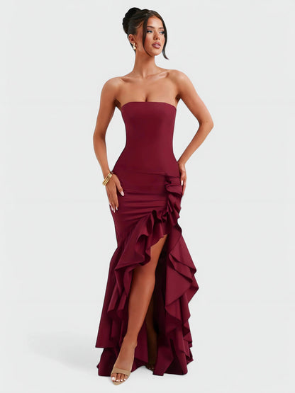 Strapless Ruffle High Low Maxi Dress