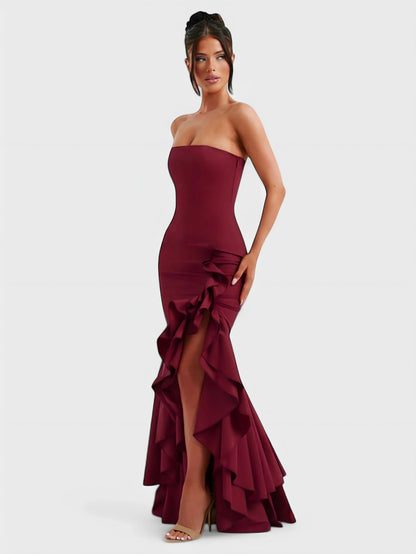Strapless Ruffle High Low Maxi Dress