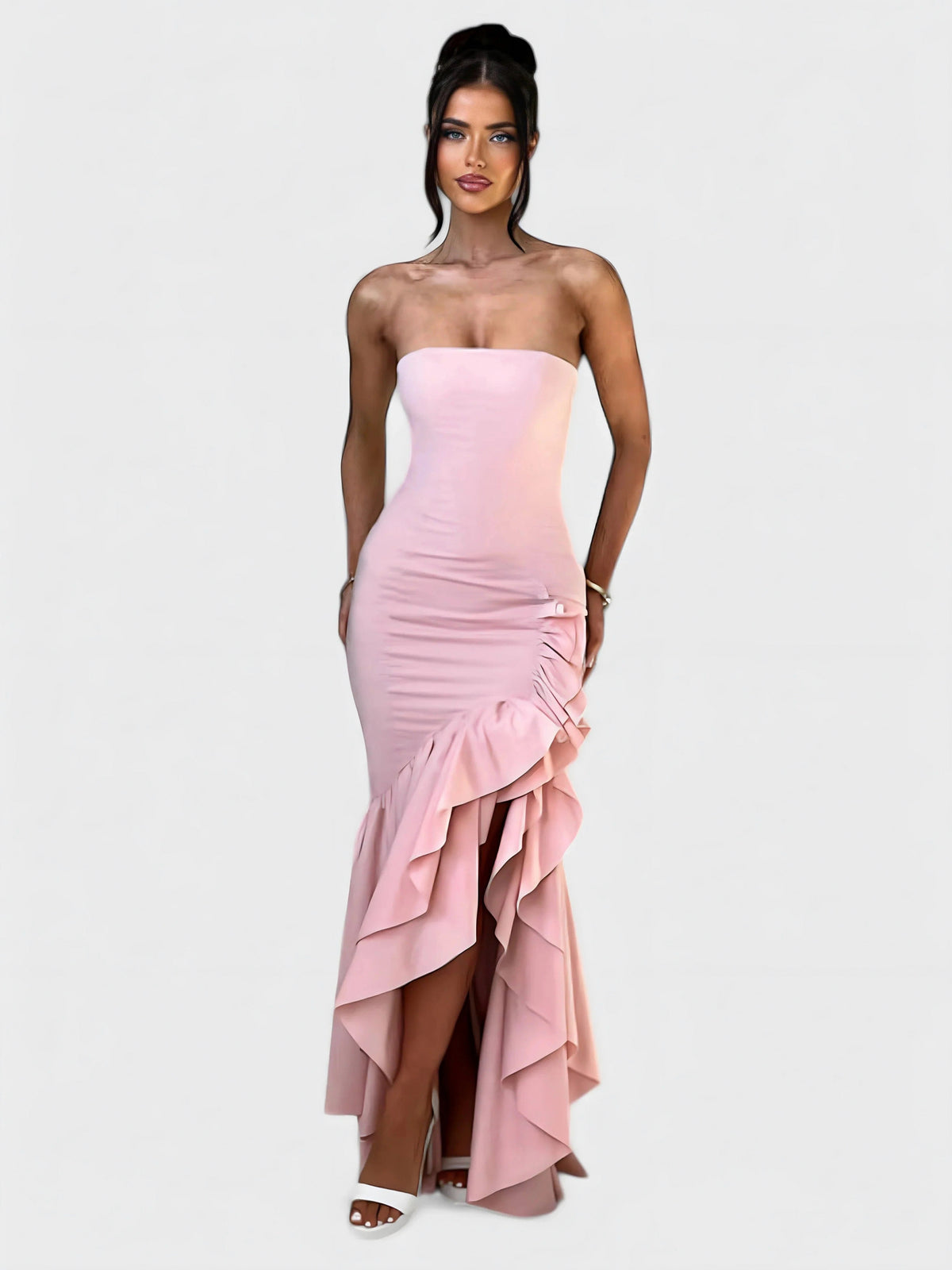 Strapless Ruffle High Low Maxi Dress