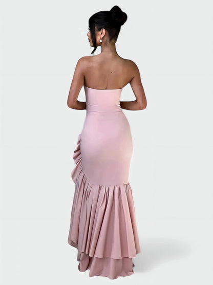 Strapless Ruffle High Low Maxi Dress