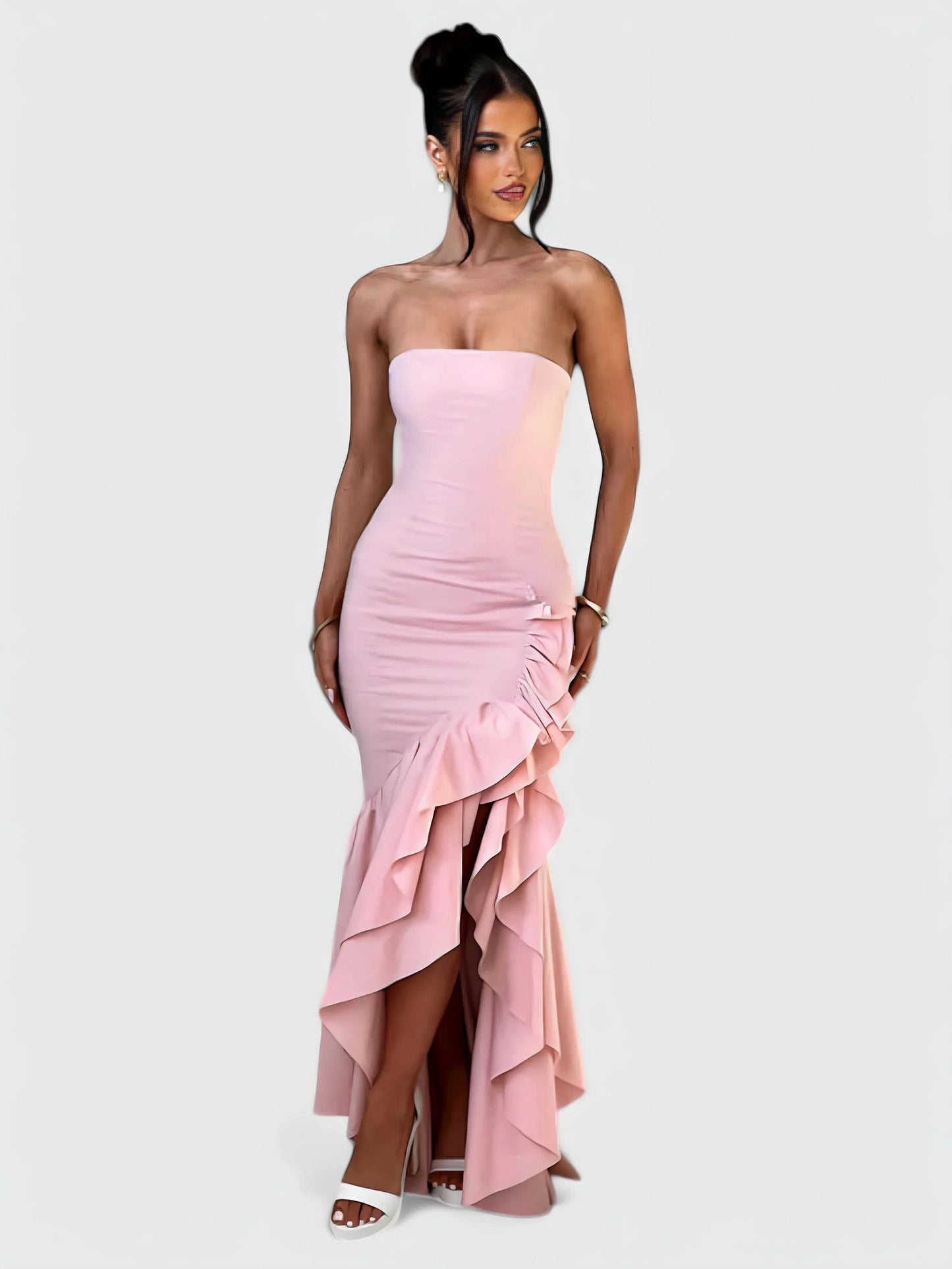 Strapless Ruffle High Low Maxi Dress