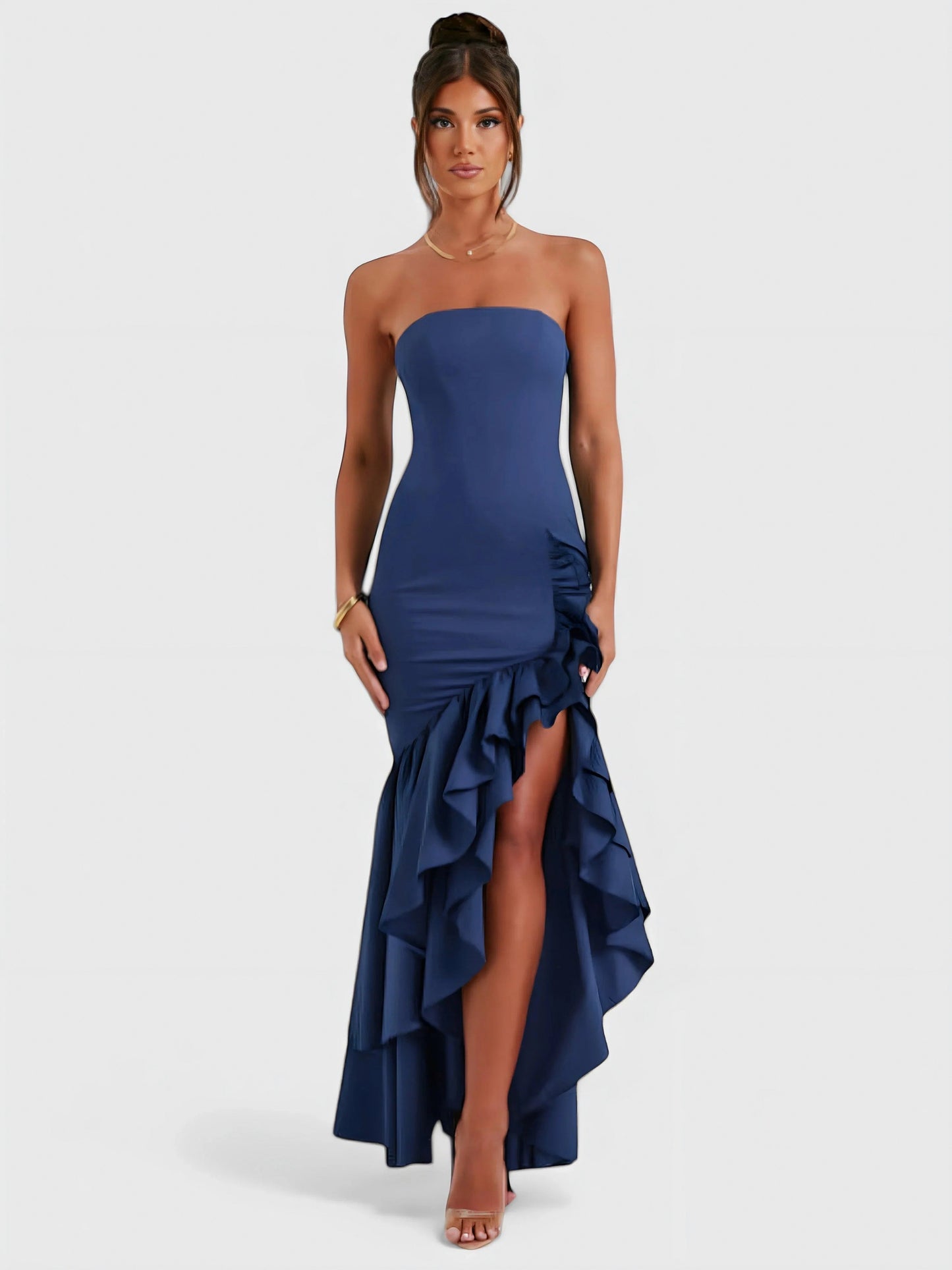 Strapless Ruffle High Low Maxi Dress