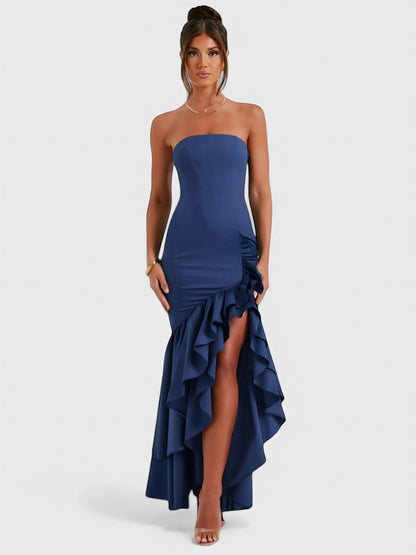Strapless Ruffle High Low Maxi Dress
