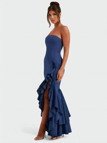 Strapless Ruffle High Low Maxi Dress