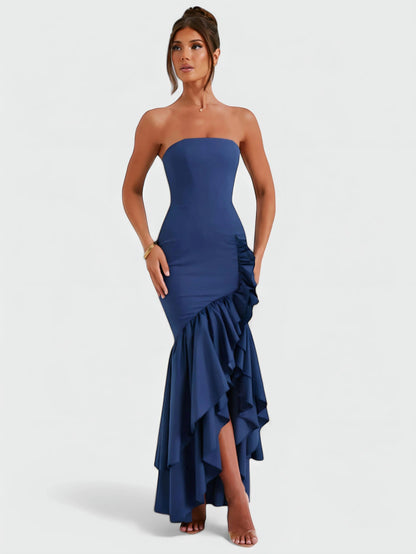 Strapless Ruffle High Low Maxi Dress