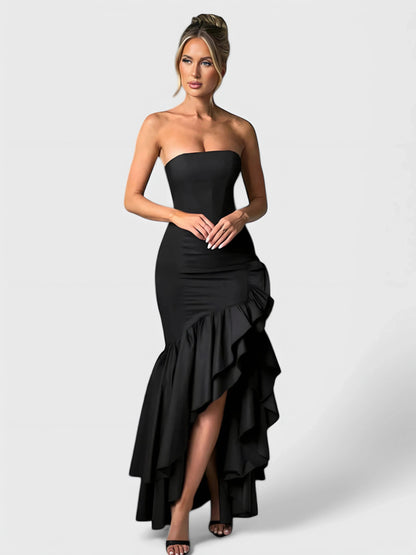 Strapless Ruffle High Low Maxi Dress