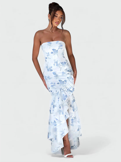 Strapless Ruffle High Low Maxi Dress