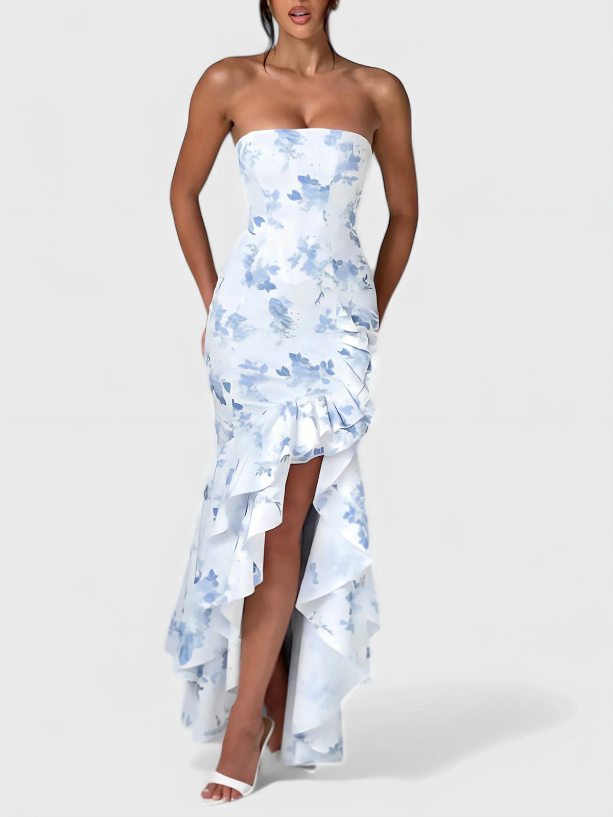 Strapless Ruffle High Low Maxi Dress