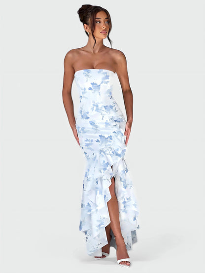 Strapless Ruffle High Low Maxi Dress