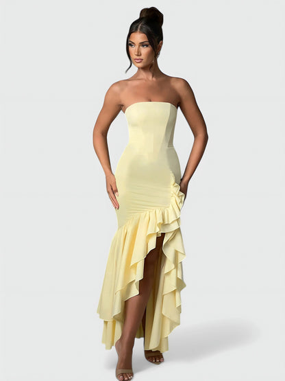 Strapless Ruffle High Low Maxi Dress
