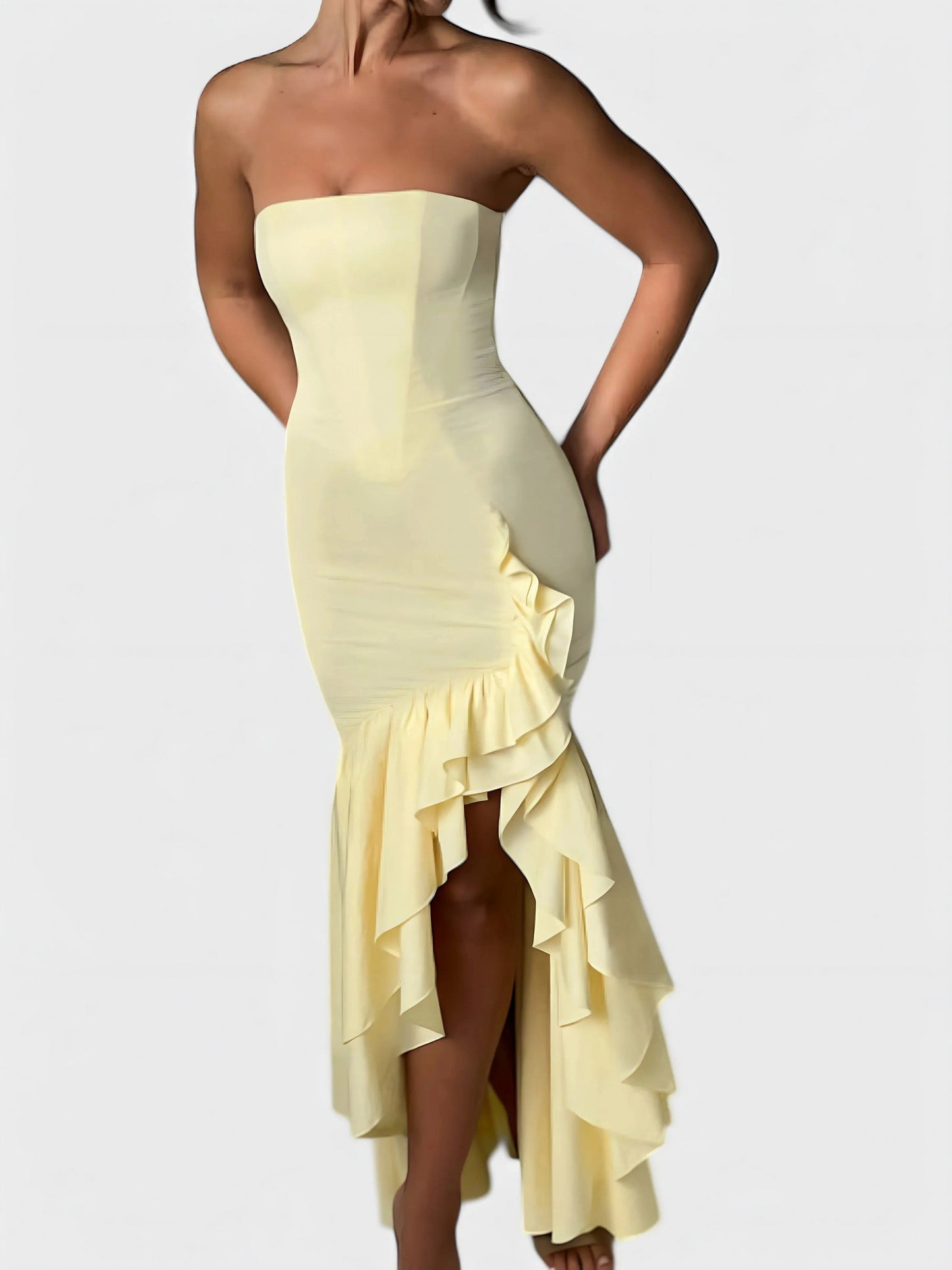 Strapless Ruffle High Low Maxi Dress