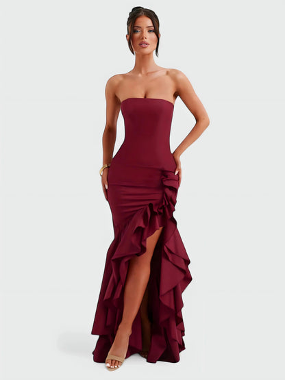 Strapless Ruffle High Low Maxi Dress