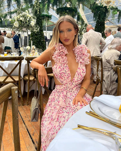 Floral Cutout Tiered Ruffle Maxi Dress